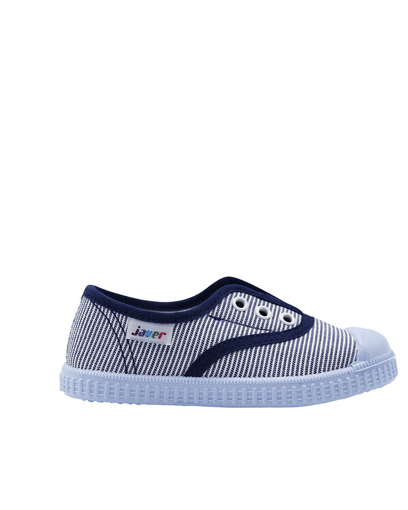 Zapatilla de lona con rayas y elástico central. Fabricado en España.